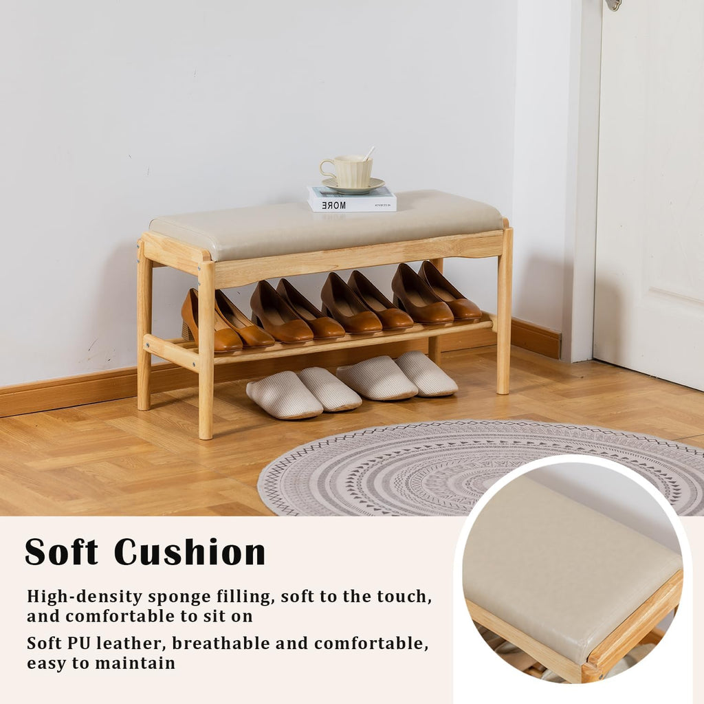 SOBIBO Entryway Shoe Bench with Cushioned Seat, 2-Tier Rubberwood Shoe Rack Storage Organizer for 8-12 Pairs, 31.5" Shoe Storage Bench (Beige & Natural Wood)