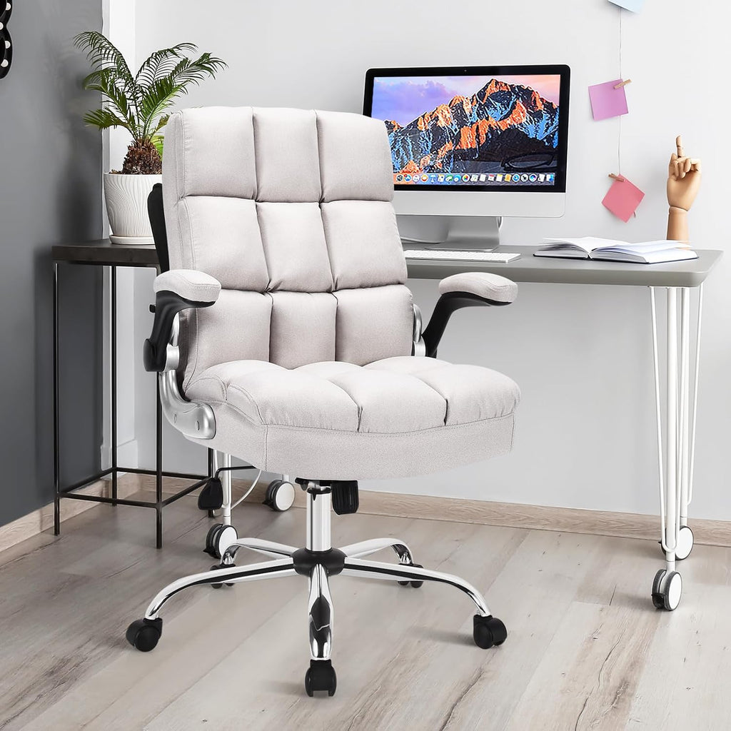 POWERSTONE Ergonomic Office Chair Big and Tall High-Back Executive Computer Desk Chair Upholstered Comfortable Home Office Chair with Flip-up Arms 400 LBS, Beige