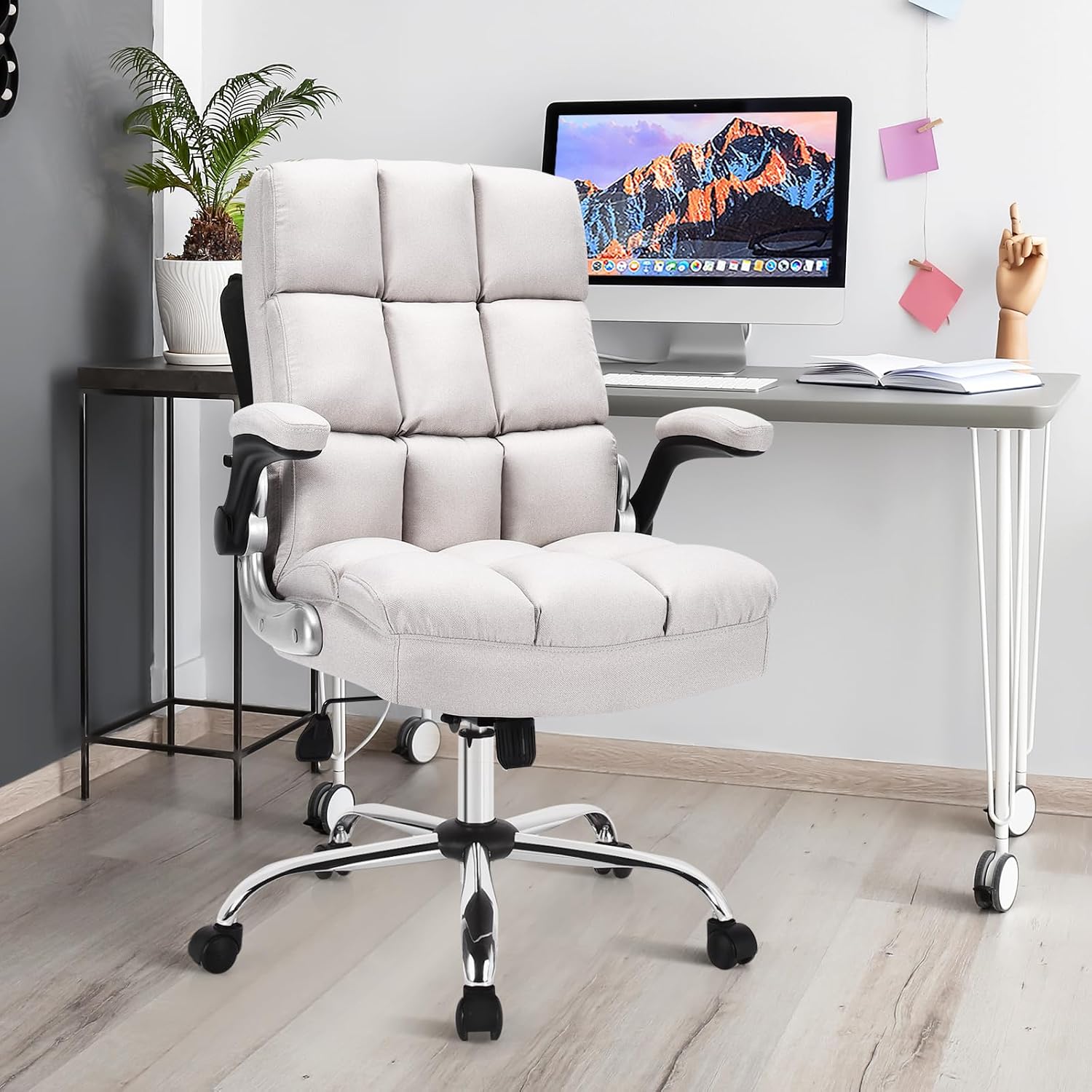 POWERSTONE Ergonomic Office Chair Big and Tall High-Back Executive Computer Desk Chair Upholstered Comfortable Home Office Chair with Flip-up Arms 400 LBS, Beige
