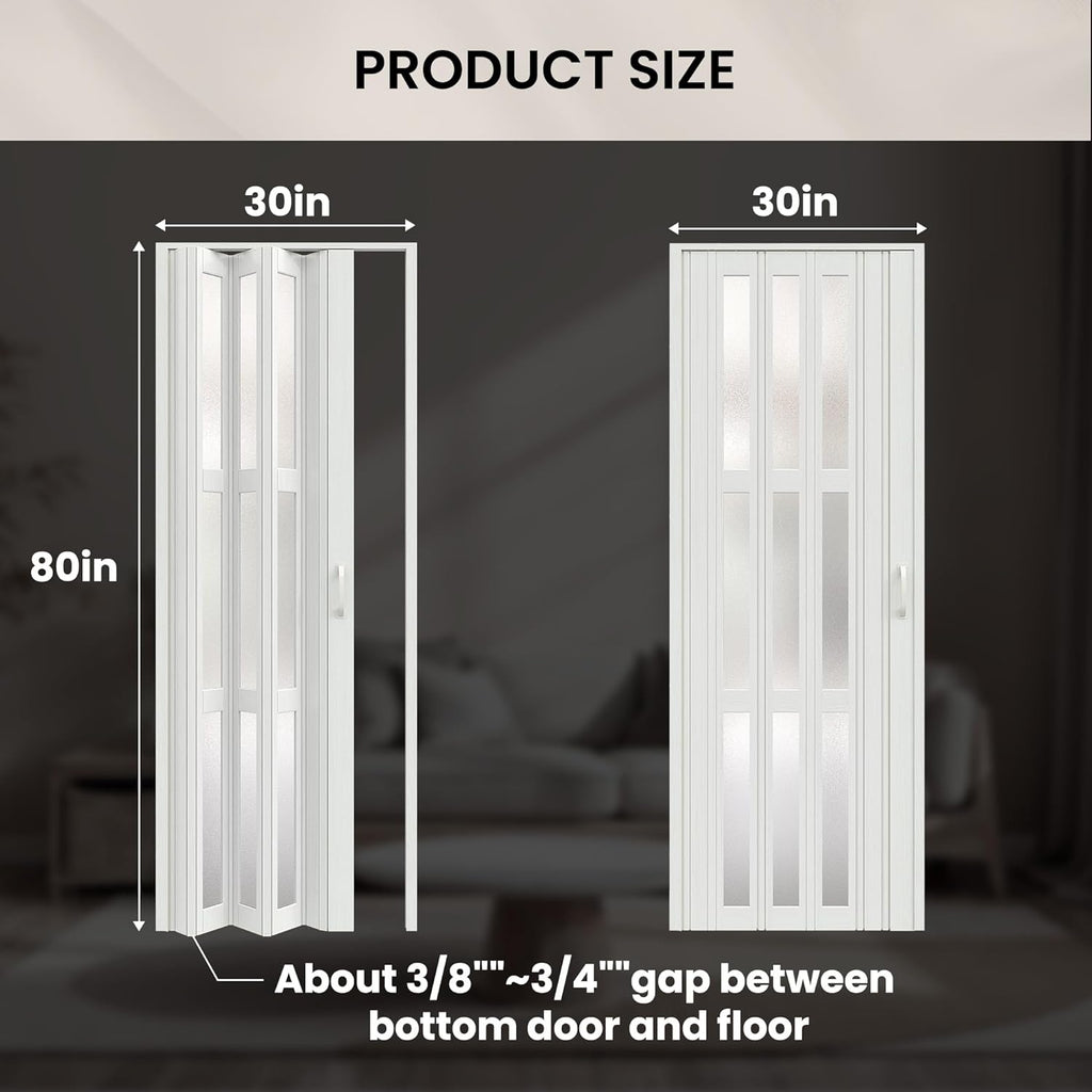 SmartStandard 30" x 80" Accordion Doors Interior, Double-Layer Accordion Doors for Doorway Closet Bathroom, PVC Folding Door Interior with Frosted Acrylic Glass, Full-Side Magnetic Strip, White