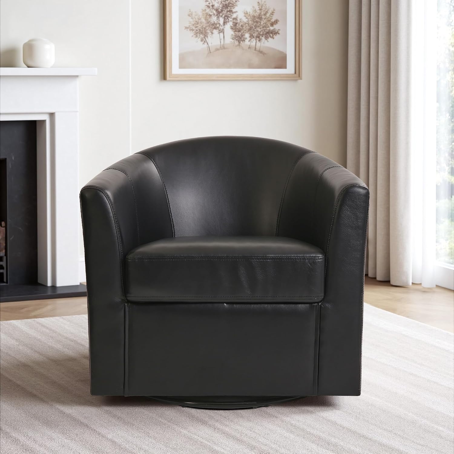 Swivel Barrel Accent Chair, Fully Assembled, Grey Black, Set of 1 | Comfy Reading Armchair, Upholstered Modern Round Single Sofa Seating Corner Chairs for Living Room Bedroom