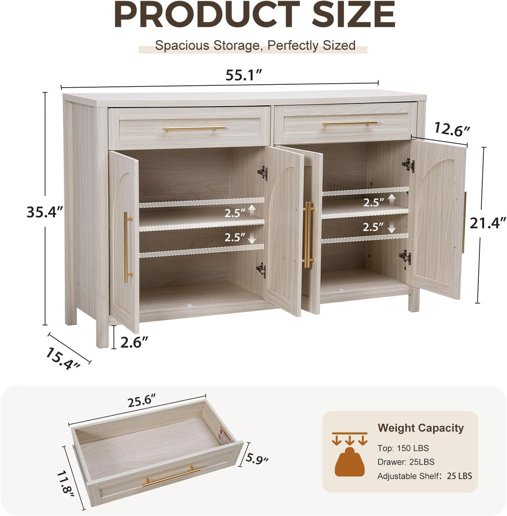 Mid-Century Modern Arched Sideboard, 55" Buffet Cabinet with Storage, 4-Door Accent Cabinet, Long Sideboard Buffet Table for Kitchen, Living Room, White