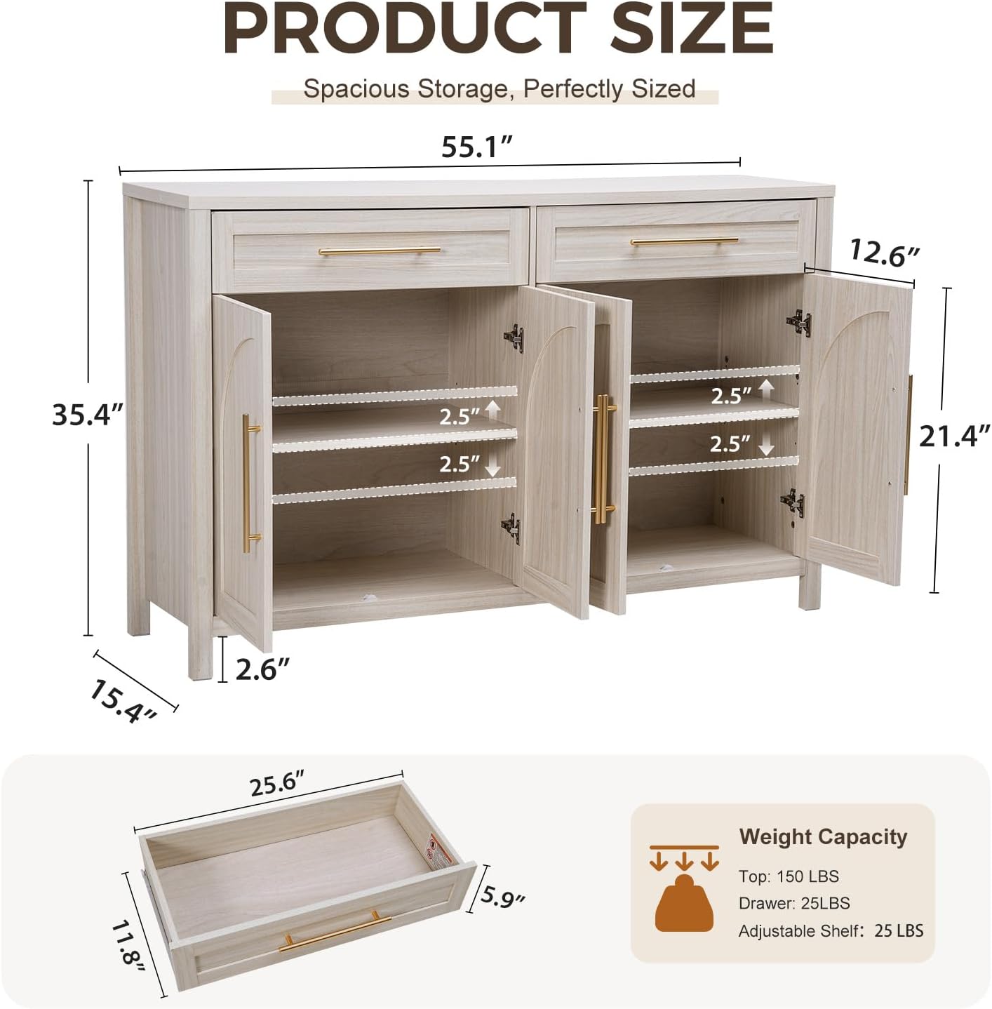 Mid-Century Modern Arched Sideboard, 55" Buffet Cabinet with Storage, 4-Door Accent Cabinet, Long Sideboard Buffet Table for Kitchen, Living Room, White