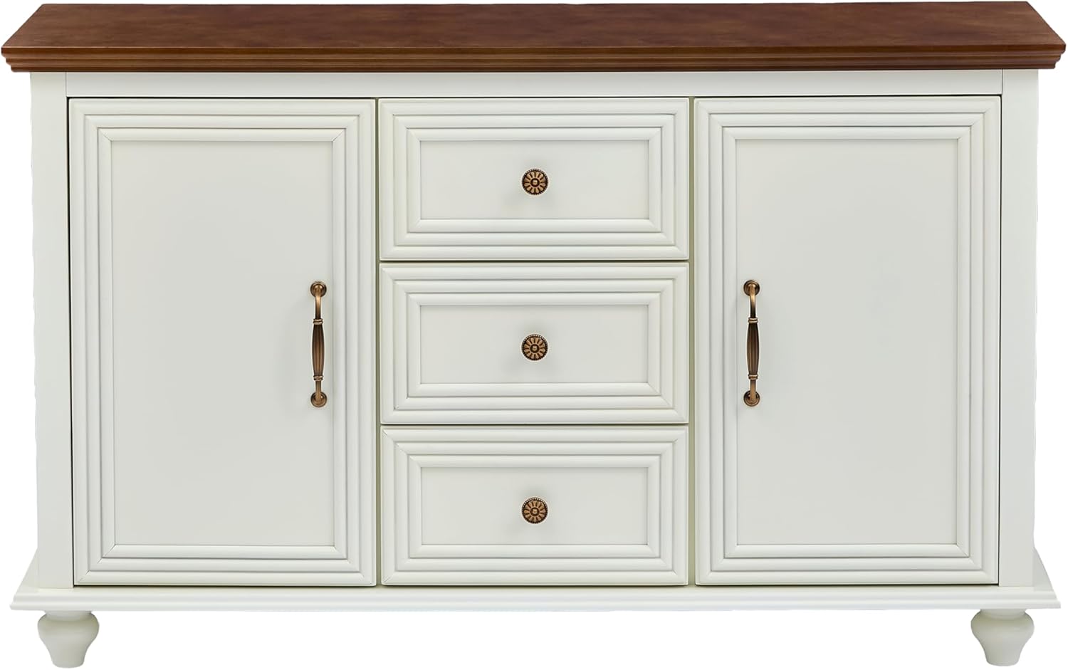 LKTART 47" Wood Sideboard Buffet Cabinet with Storage,Traditional Media Console with 2 Doors & 3 Drawers,Adjustable Shelves Credenza with Solid Wood Legs for Kitchen,Living Room,Brown+White
