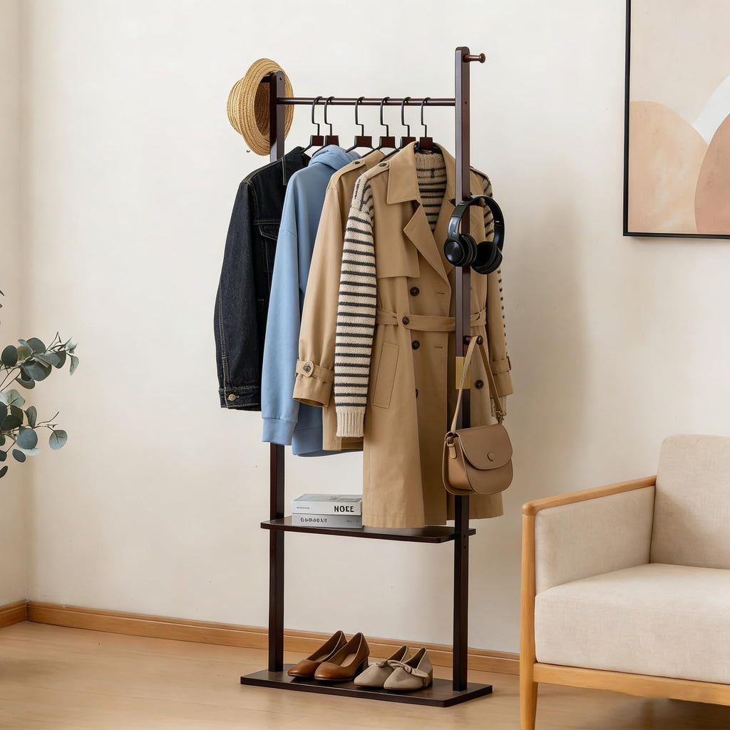latifolia Clothes rack, Solid Wood Clothing Rack Witch Hooks and Shelves, 23.6 inch Garment rack With Storaege for Living Room, Walnut