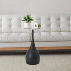 Small White End Table, 14" Marble Side Table with Black Metal Base Martini Table Round Accent Table for Small Spaces Living Rooms Bedrooms Balconies 21.65" Height (Black)