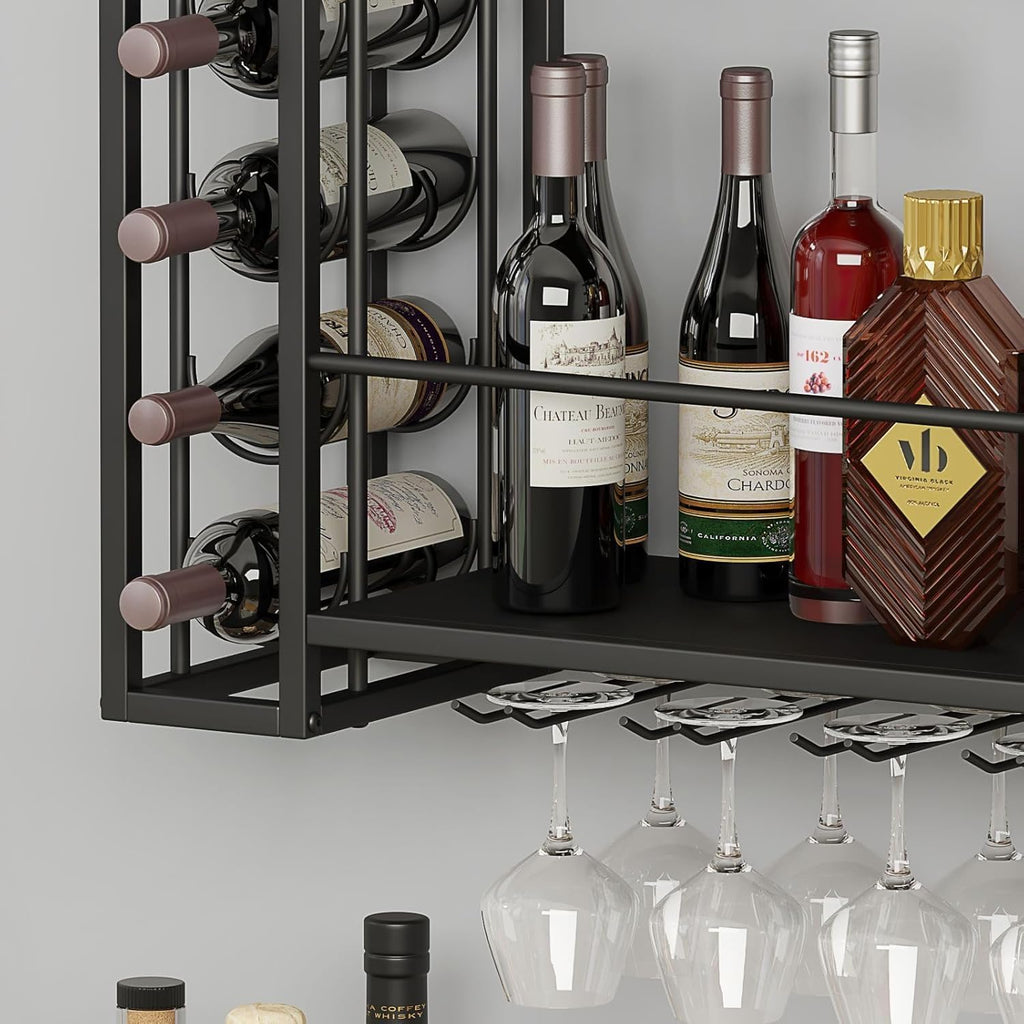 Wall Mounted Wine Rack, Wine Rack Wall Mounted with Wine Glass Rack, 2-Tier Multi-Functional Shelf for Home Restaurant Bar Storage Rack (Black, 40" W x 9.8" D x 21.6" H)