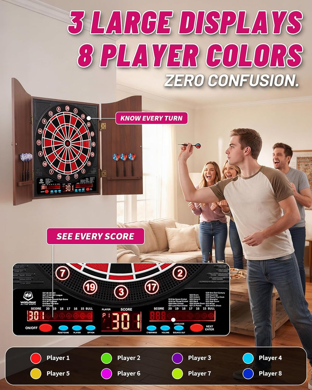 Electronic Dart Board with Cabinet Set, Dartboard with 8-Player Color Light | 3 Large LCD Displays with 34 Games, Automatic Scoring, 12 Darts+100 Tips, Great Gift for Man Cave Game Room Home Bar