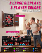 Electronic Dart Board with Cabinet Set, Dartboard with 8-Player Color Light | 3 Large LCD Displays with 34 Games, Automatic Scoring, 12 Darts+100 Tips, Great Gift for Man Cave Game Room Home Bar