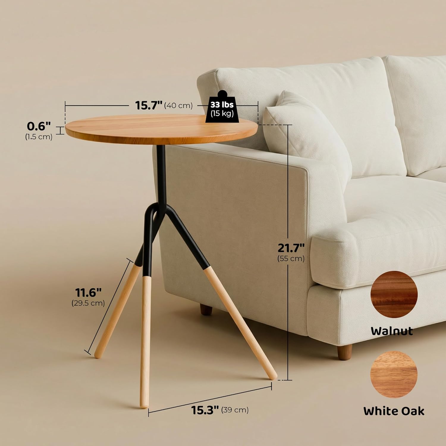 RECCI Small Round Side Table, Modern Solid Wood End Table with FSC Certified Wood & Knotted Metal Frame, Small Accent Couch Sofa Side Table for Living Room Bedroom, Oak