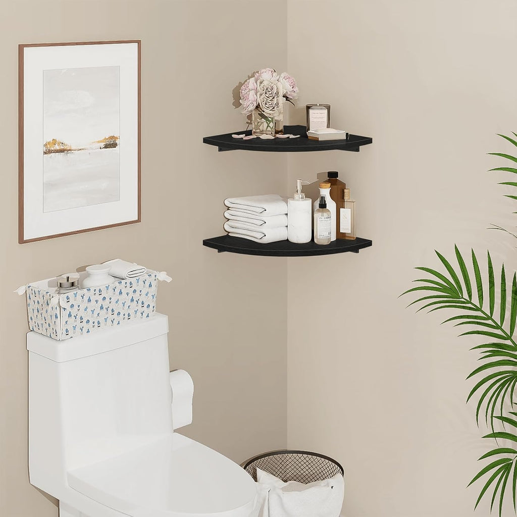 Homode Corner Floating Shelves, 12" Deep Corner Shelves Wall Mounted with Cord Hole, 2 Tier Curved Corner Hanging Shelving for Wall Storage, for Cable Box, TV Cords, Books, Plants, Black