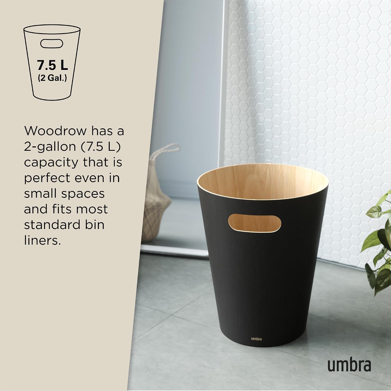Umbra Woodrow 2-Gallon Modern Wooden Trash Can Wastebasket, Attractive Bin for Garbage or Recycling, Suitable for Home or Office, Black