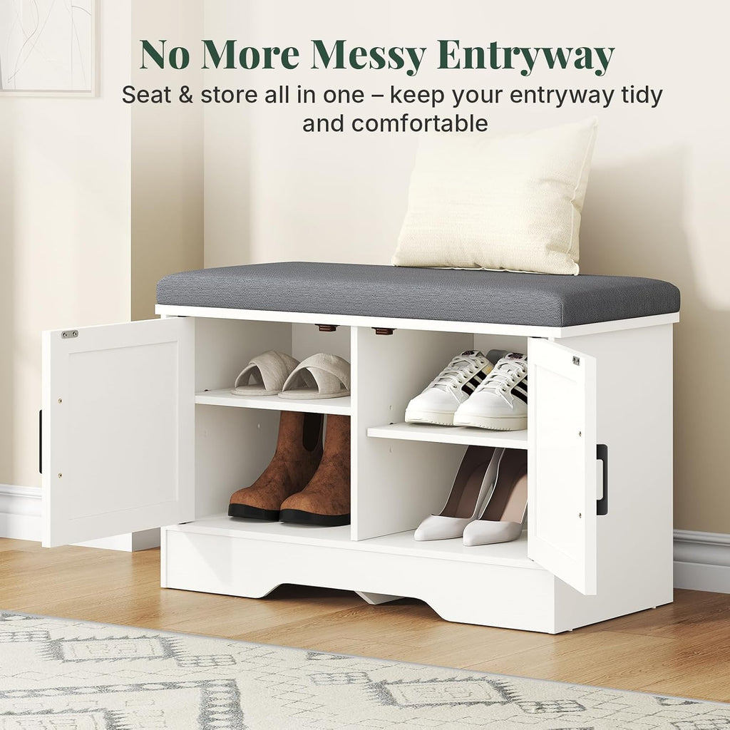 Sweetcrispy 28 Inch Storage Bench with Padded Cushion, Entryway Shoe Organizer Cabinet with 2 Doors and Adjustable Shelves for Hallway, Bedroom, Living Room, and Mudroom, White