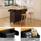 Aiho Kitchen Island Cart with Folding Drop Leaf, 52" Width Mobile Carts with Storage Cabinet, Rolling Kitchen Table with Spice Rack, Towel Rack, and Drawer, Black