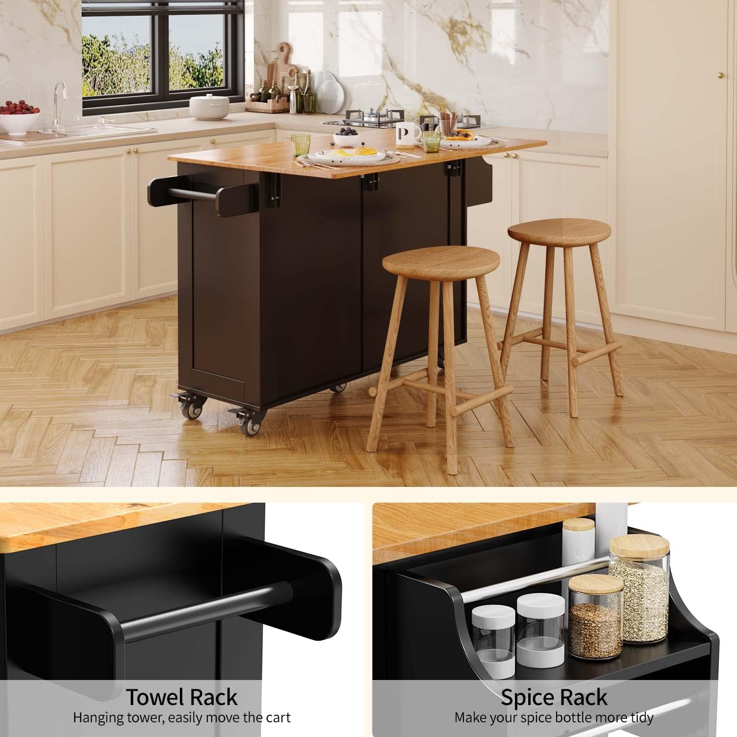 Aiho Kitchen Island Cart with Folding Drop Leaf, 52" Width Mobile Carts with Storage Cabinet, Rolling Kitchen Table with Spice Rack, Towel Rack, and Drawer, Black