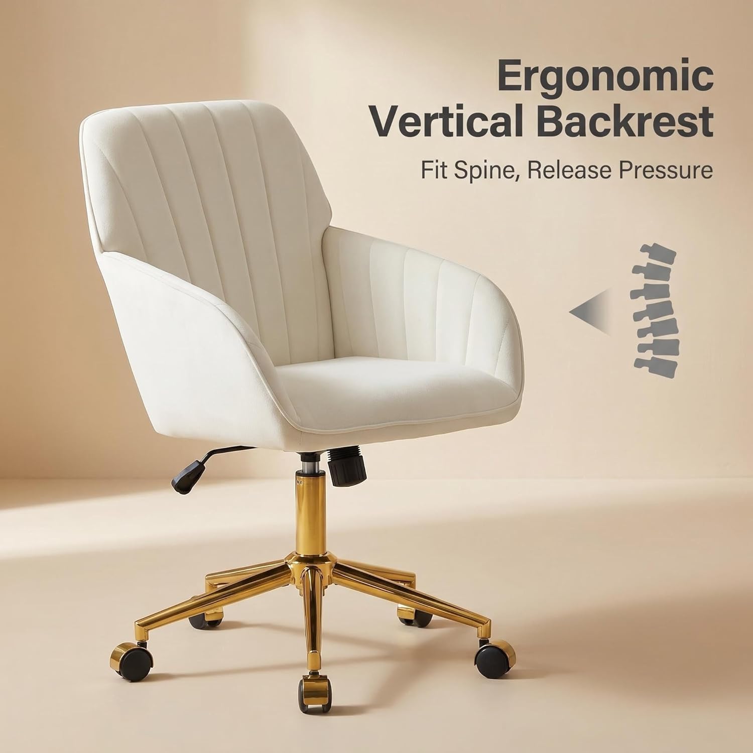 YISHENG Velvet Home Office Chair with Gold Base Upholstered Tufted Modern Height Adjustable 360 Degree Swivel Desk Chair with Wheels, Vanity Chairs for Living Room, Bedroom,Study Room (Cream)