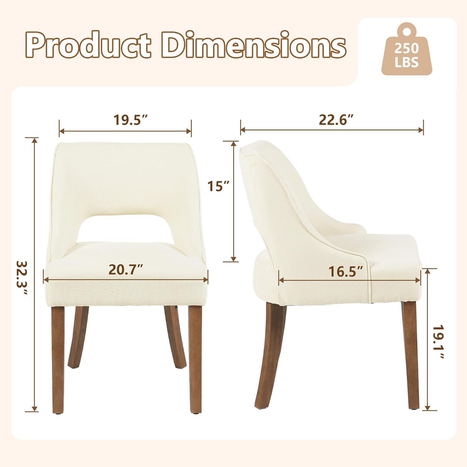 ClinQ Wooden Dining Chairs Set of 2, Modern Fabric Upholstered Kitchen Chairs Dining Chair, Mid Century Modern Chair for Kitchen Dining Room, Farmhouse Kitchen Chairs, Beige-Walnut Legs
