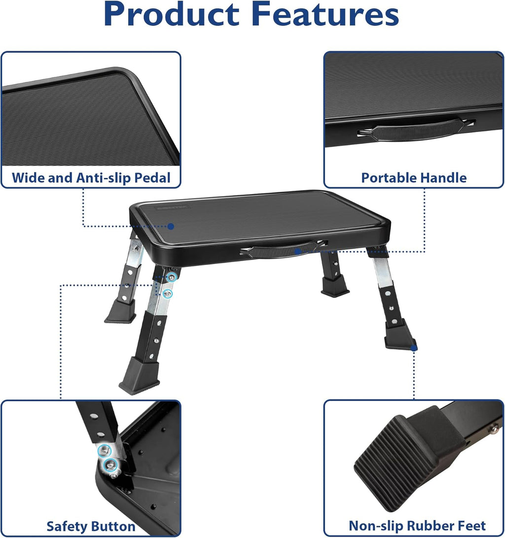 BONTEC Folding Step Stool, 3-Level Adjustable Metal Step Stool with Anti-Slip Pedal and Locking Legs, 330lbs Heavy Duty Folding Foot Stool, Portable Stepping Stool for Kids, Kitchen, Home, Office