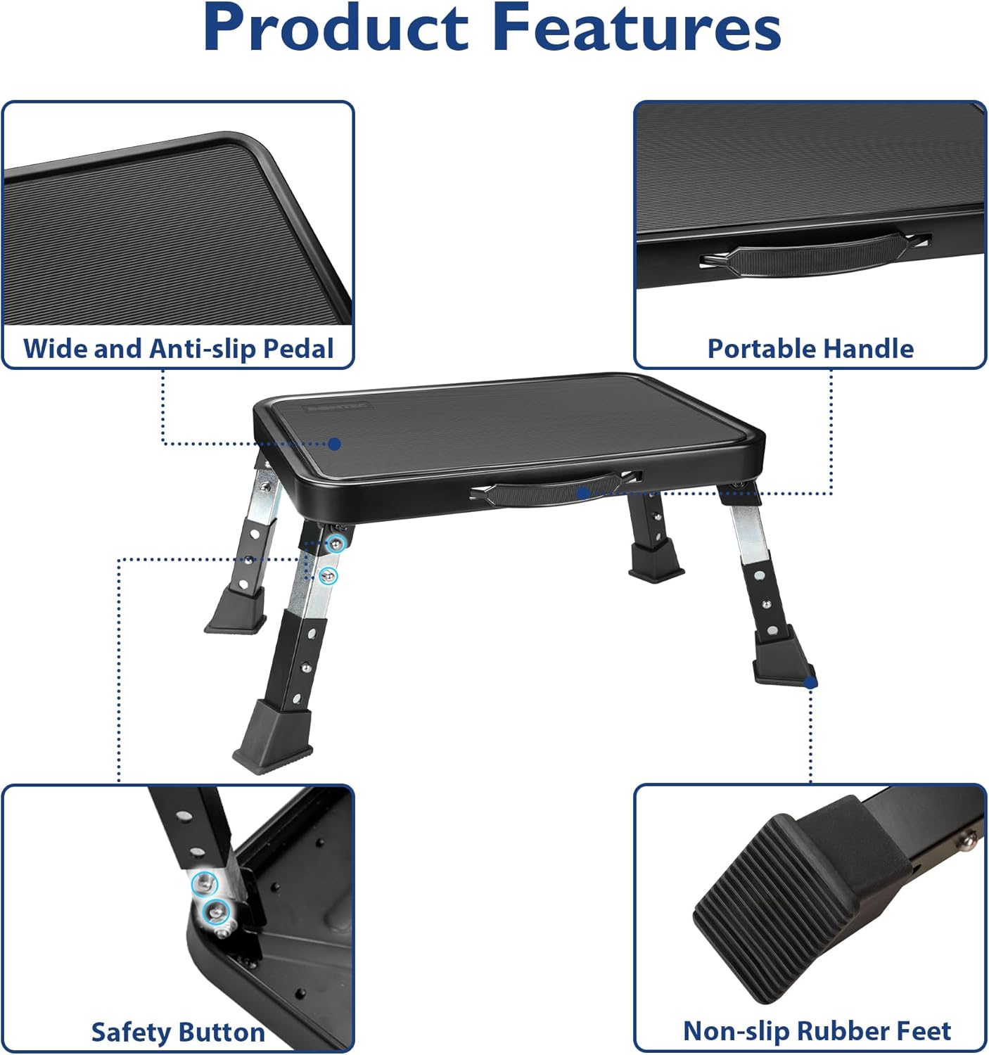 BONTEC Folding Step Stool, 3-Level Adjustable Metal Step Stool with Anti-Slip Pedal and Locking Legs, 330lbs Heavy Duty Folding Foot Stool, Portable Stepping Stool for Kids, Kitchen, Home, Office