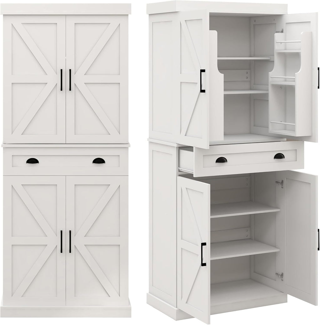 72" Farmhouse Storage Cabinet,Tall Kitchen Pantry Cabinet with 4 Barn Door,1 Drawer & 2 Adjustable Shelves,Freestanding Cupboard for Dining Room,Living Room,Bathroom (White, 72 Inch)
