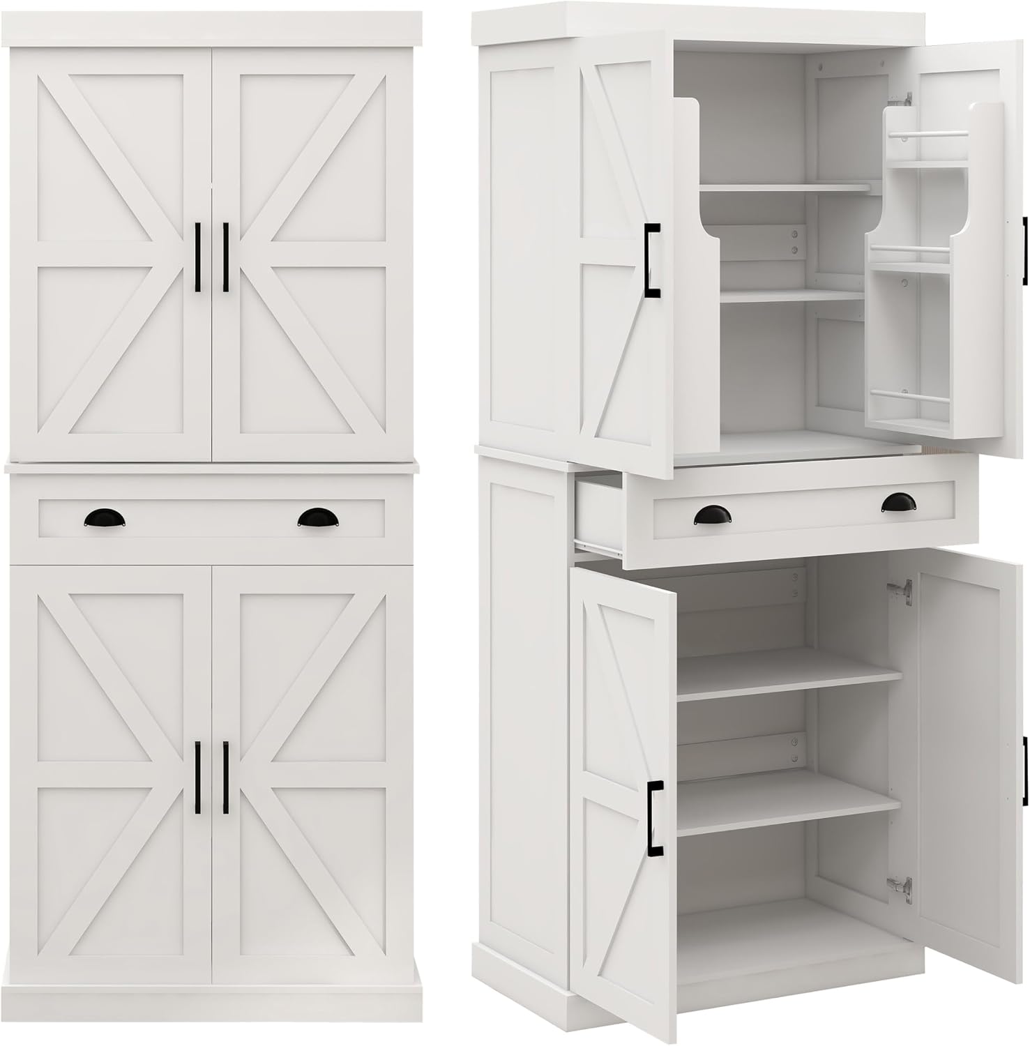 72" Farmhouse Storage Cabinet,Tall Kitchen Pantry Cabinet with 4 Barn Door,1 Drawer & 2 Adjustable Shelves,Freestanding Cupboard for Dining Room,Living Room,Bathroom (White, 72 Inch)