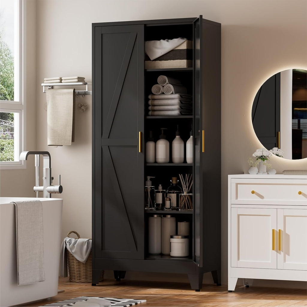 Metal Kitchen Pantry Cabinet,71" Black Farmhouse Storage Cabinet with 2 Vintage Barn Doors and 4 Adjustable Shelves, Rustic Freestanding Cupboard for Kitchen,Home Office Living Room,Dining Room