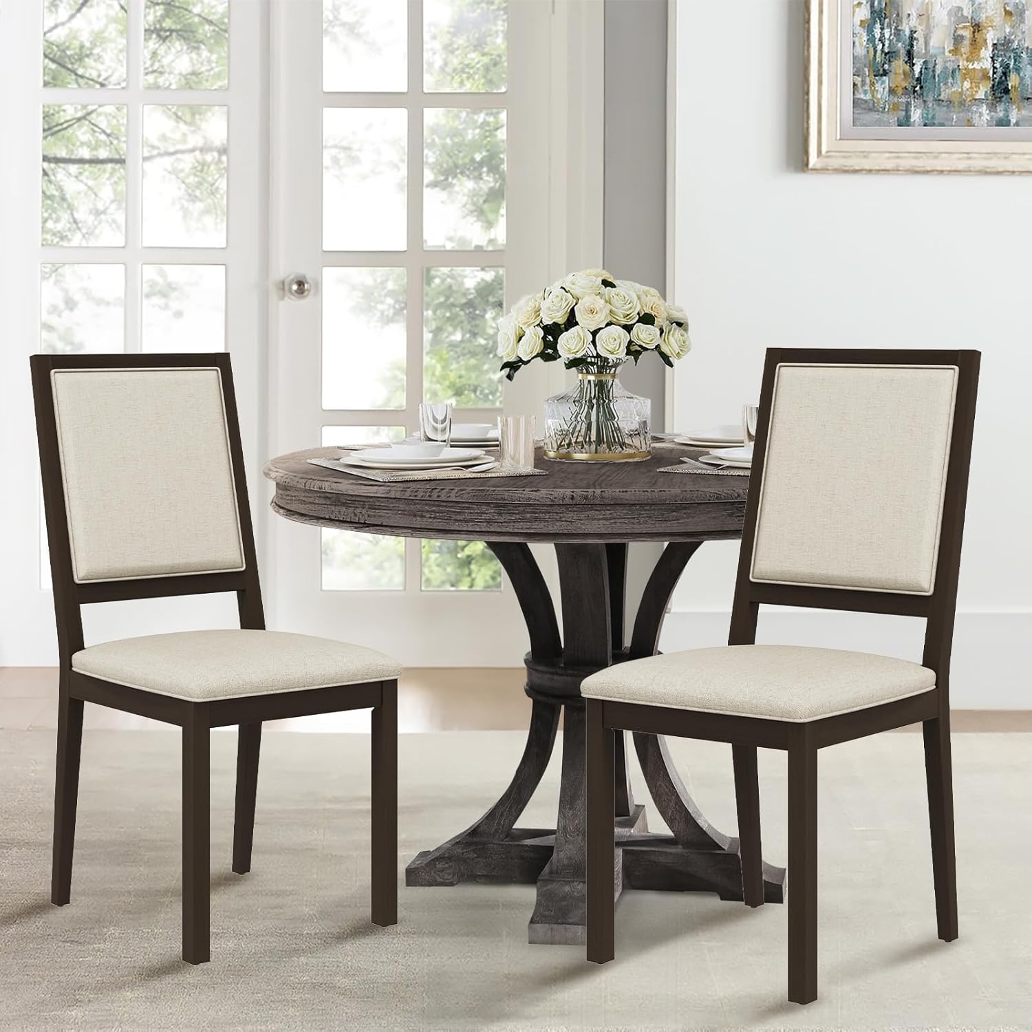 COLAMY Wooden Dining Chairs Set of 2, Mid Century Modern Upholstered Dining Chairs, 19 Inch Fabric Dining Room Chair with Back for Kitchen Dining Living Room Courtyard Waiting Leisure Area, Brown