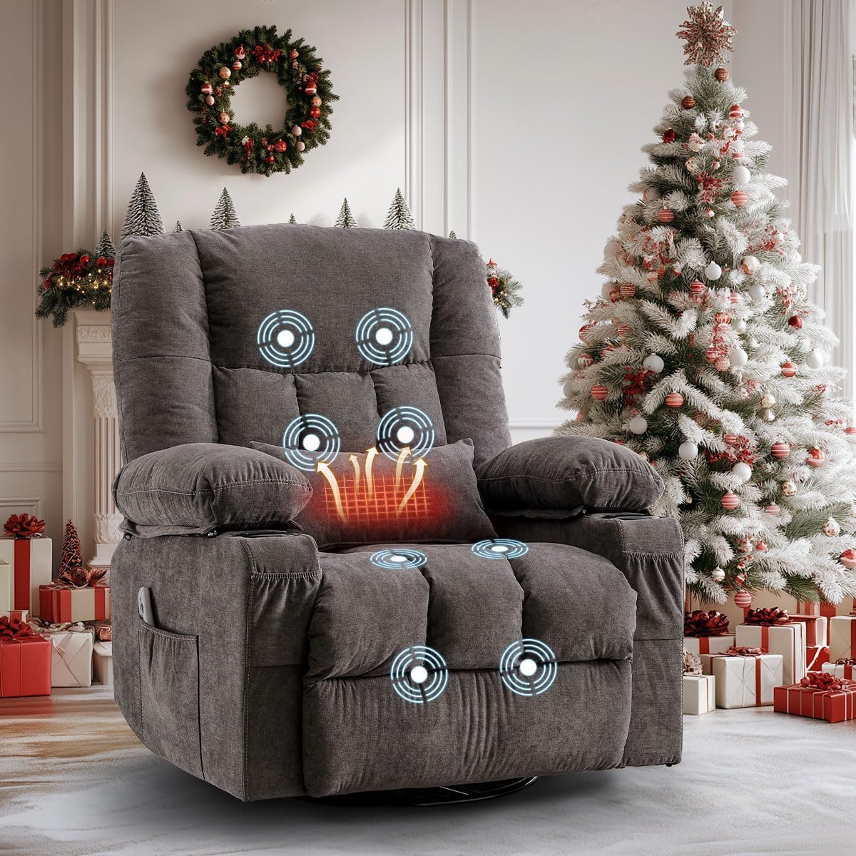 8-Points Massage Recliner Chair with Heated Rocking Function for Adults,Oversized Rocker Recliner with Side Pocket,2 Cup Holders for Living Room