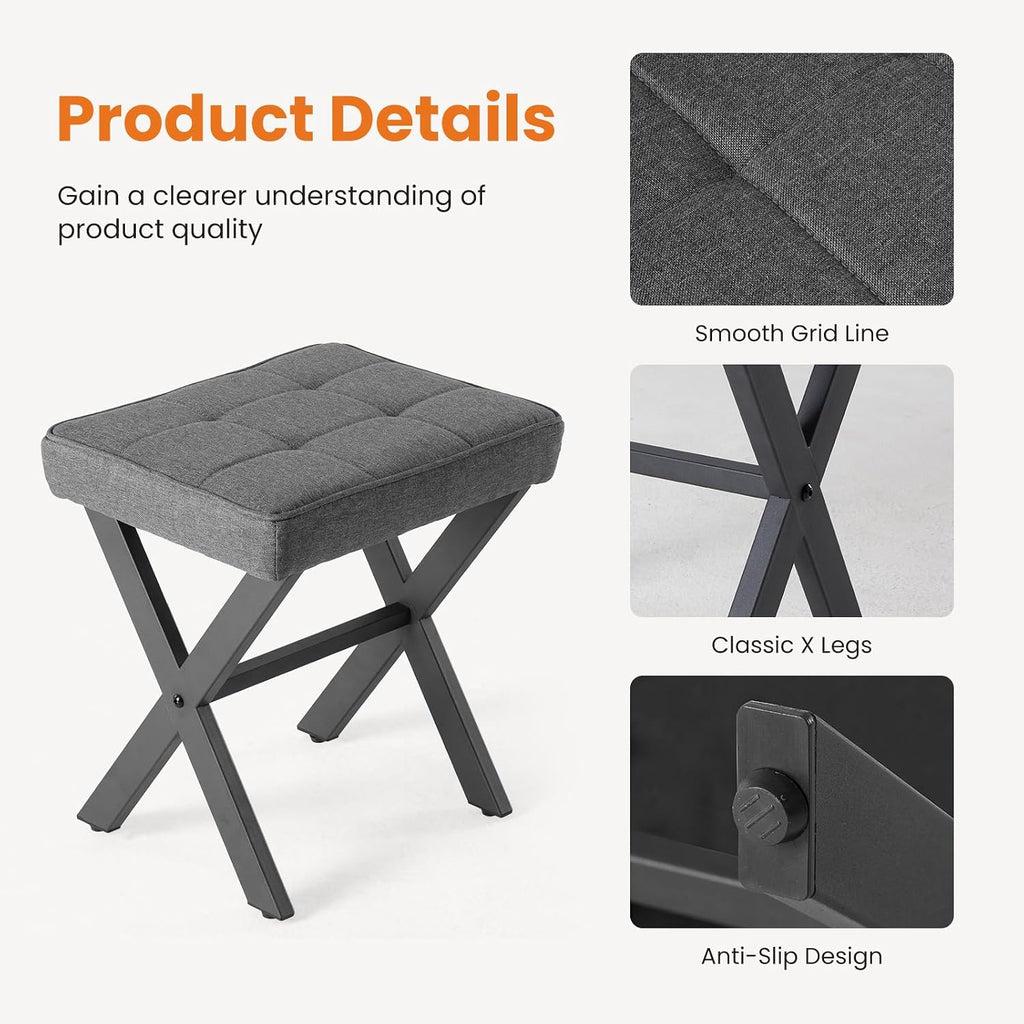 Sweetcrispy Vanity Stool Ottoman, Square Linen Makeup Stool Metal X Legs, Small Footstool Chair for Vanity, Modern Padded Seat Foot Rest for Makeup Room, Bathroom,Living Room, Entryway, Gray