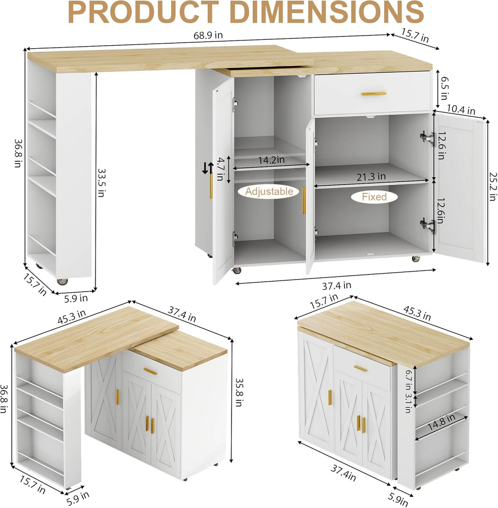 DreamDashio Kitchen Island with Storage, Rolling Kitchen Island with Swivel Table, Drawers & Shelves, Mobile Kitchen Island Cart with 360° Swivel Extendable Dining Table for Kitchen, Dining Room