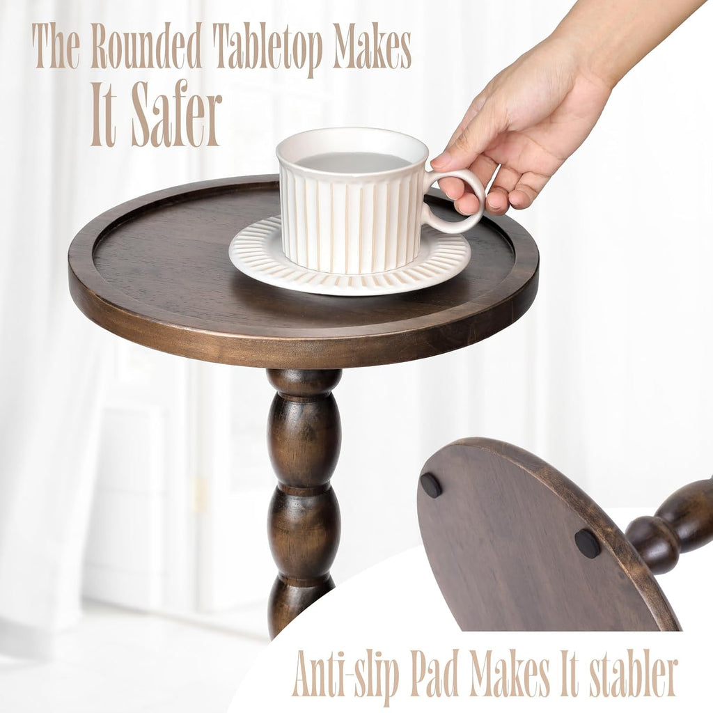 Solid Wood Round Pedestal Side Table with Tray-Top Rim – Bobbin Turned Accent End Table for Living Room, Bedroom – Compact Small Round Drink Table with Stable Base, Nightstand with Table Solid Wood