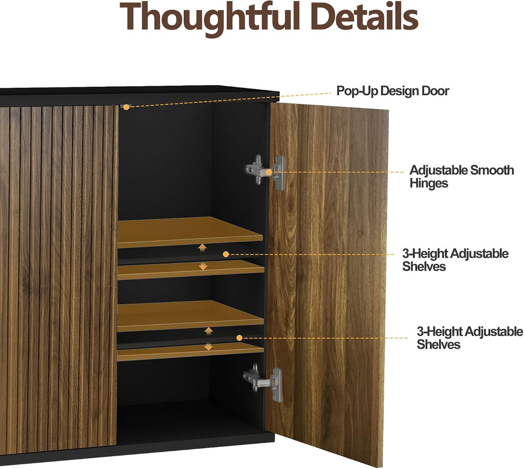 Buffet Cabinet with Storage Walnut Fluted Wooden Accent Sideboard with Pop-Up Doors and Adjustable Shelves Coffee Bar Media Console Cabinets for Kitchen, 1 Piece