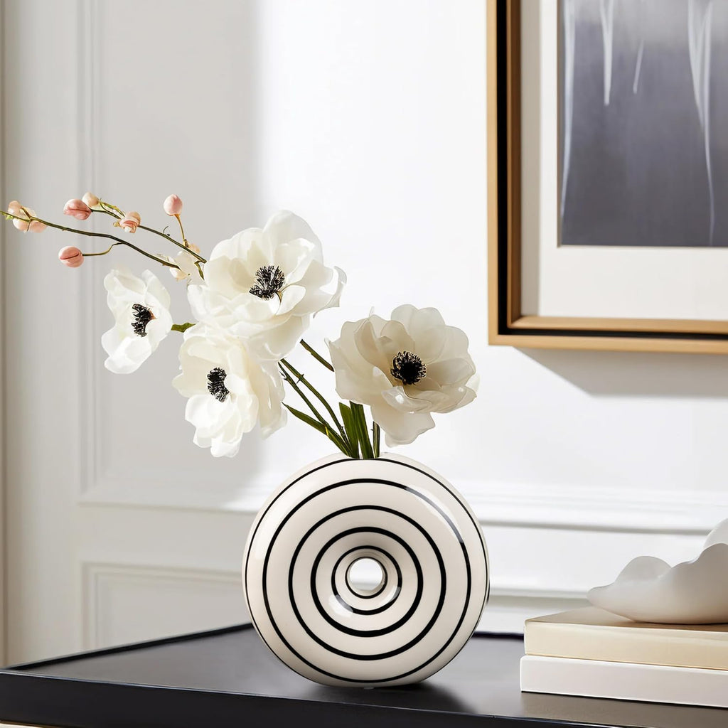 Ceramic Small Donut Vase Hand Painted Glossy Finish Flower Vase, Black and White, Unique Modern Home Decor for Living Room, Coffee Table, Mid Century Decor