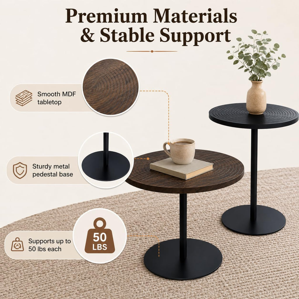 Round Side Table Set of 2, End Tables for Living Room Bedroom, Small Nesting Accent Table Nightstand with Sturdy Metal Base, Wood-Look Circular Couch Tables for Small Spaces, Walnut Brown & Black