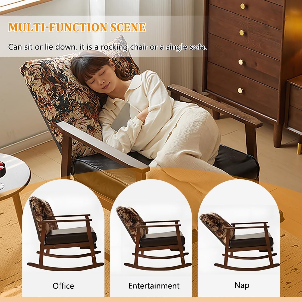 Oversized Rocking Chair with Cushion, Nursery Rocking Chair with Adjustable Footrest for Living Room, Upholstered Recliner Chair High Back with Armrests, Three-Position Adjustable Backrest for Bedroom