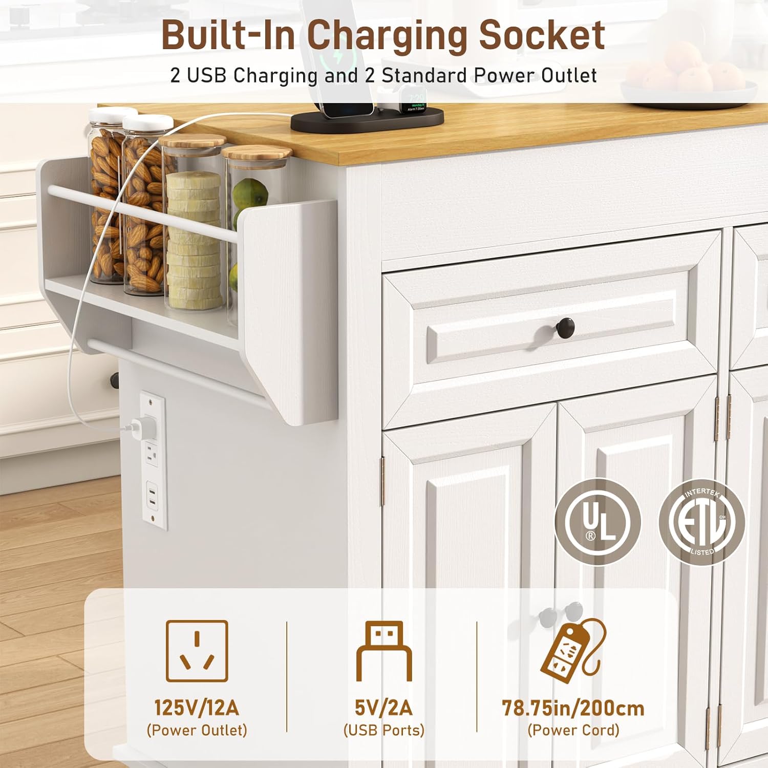 80"-48" Extendable Kitchen Island with Extended Dining Table and Power Outlet,Large Mobile Kitchen Storage Islands with 2 Storage Drawers,Rolling Islands Cart with 3 Extra Rows Open Shelves(White)