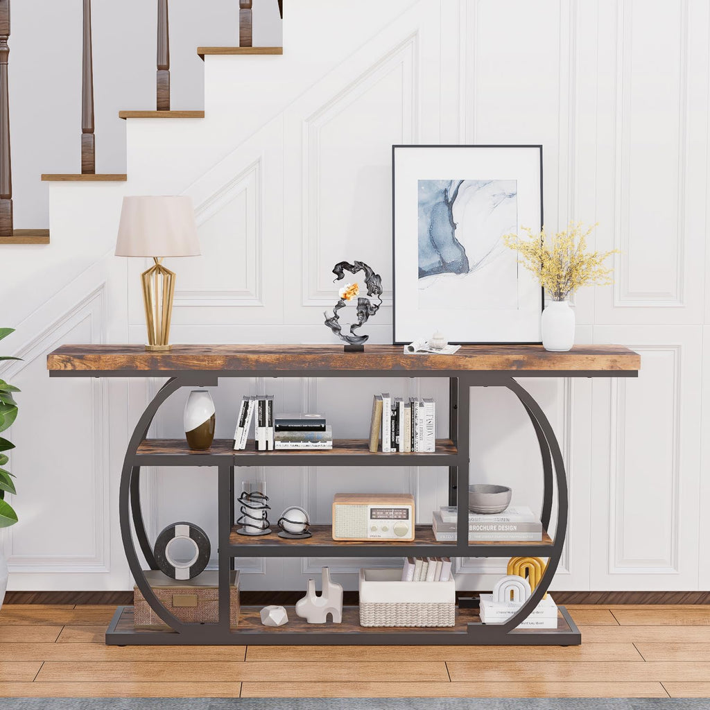 63" Narrow Console Table with Storage, 4-Tier Sofa Table Behind Couch, Industrial Entryway Accent Table with Metal Frame for Living Room, Hallway, Foyer