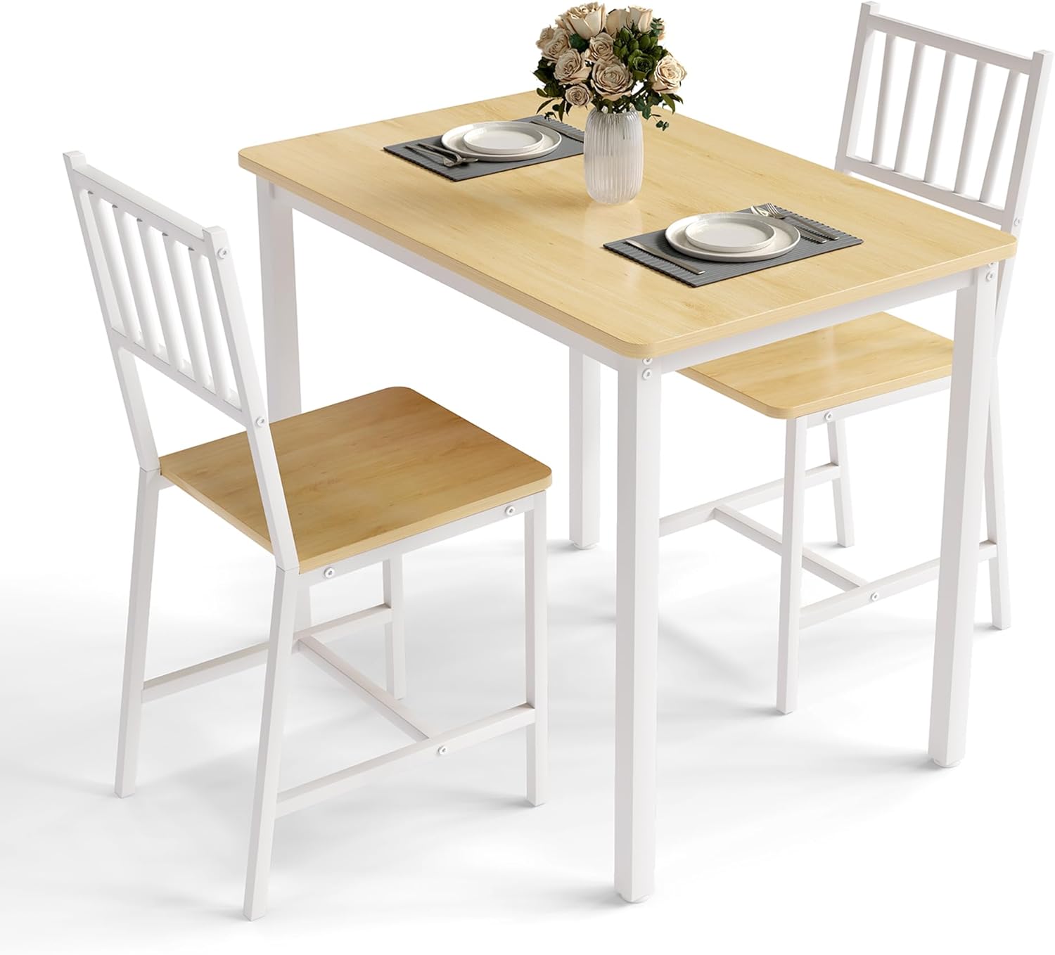 3-Piece Dining Table Set for 2, Space-Saving Kitchen Table Set for Small Spaces, Industrial Breakfast Table for Apartment, Studio & Nook, Natural Wood & Metal,Natural