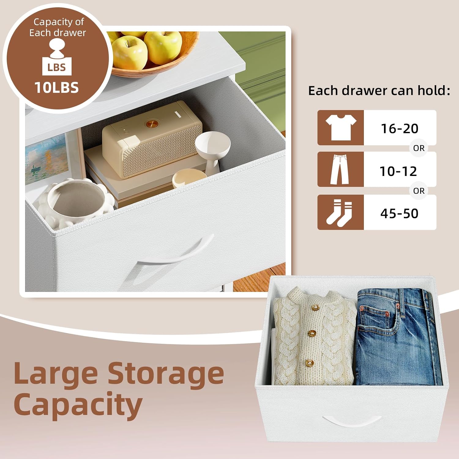 Somdot Tall Dresser for Bedroom, 5 Drawer Storage Cabinet, White | Fabric Dresser with Removable Bins, Steel Frame, Wood Top Home Furniture, Closet Organizer, Nursery, Dorm, Entryway Storage