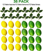 Fake Fruit Artificial Lemons 24 Pcs, Faux Lemon Leaves 12 Pcs Lifelike Fake Lemon Decor for Kitchen Table Cabinet Party Plastic Fruits Photography Prop