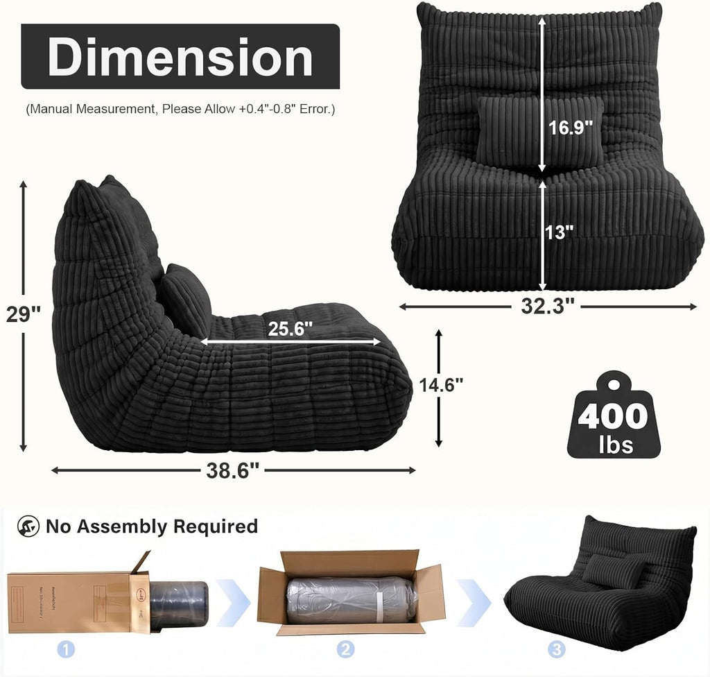 Bean Bag Chair with Lumbar Pillow, Gaint Bean Bag Chairs for Adults, Oversized Corduroy Beanbag Chair with Memory Foam Filled, Lazy Floor Sofa for Reading Gaming Living Room Bedroom (Grey)