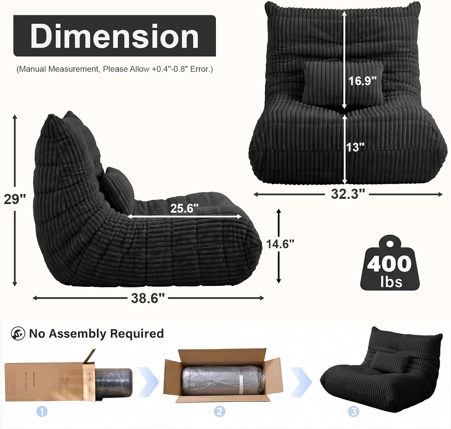 Bean Bag Chair with Lumbar Pillow, Gaint Bean Bag Chairs for Adults, Oversized Corduroy Beanbag Chair with Memory Foam Filled, Lazy Floor Sofa for Reading Gaming Living Room Bedroom (Grey)