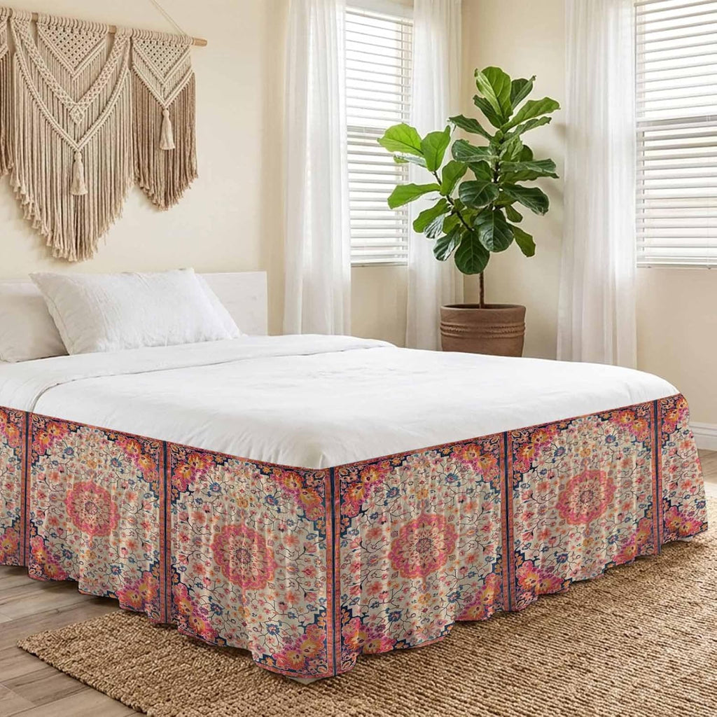 Boho Ethnic Bed Skirt Full/Queen Size Bed Skirting 18 Inch Drop Adjustable Elastic Dust Ruffles Wrap Around Bedskirt Pleated Southwest Aztec Tribal Geometric Aesthetic Bedding Frame Cover for Dorm