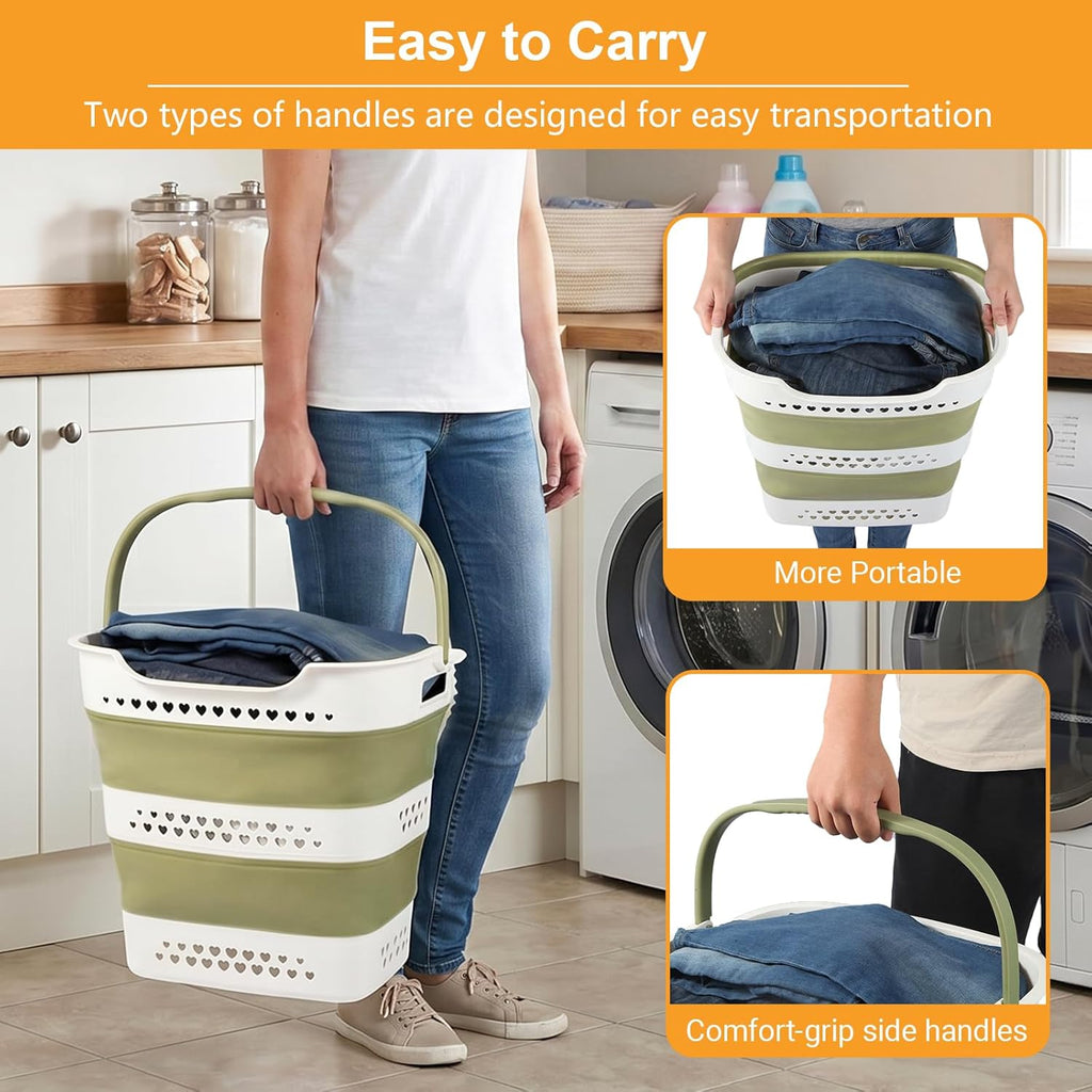 2 Pcs 42L/11.2 Gal Collapsible Laundry Basket - Foldable Plastic Pop Up Hamper with Handles, Space-Saving Storage Organizer for Wet & Dry Clothes, Ideal for Home, Dorm and Apartment Use Green