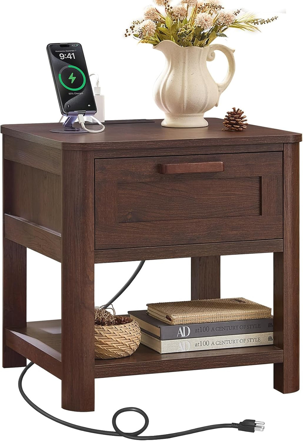 Joaxswe Farmhouse Side Tables Living Room, Small Nightstand with 1 Drawers & Open Shelving & 4 Thickened Table Legs, Walnut