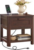 Joaxswe Farmhouse Side Tables Living Room, Small Nightstand with 1 Drawers & Open Shelving & 4 Thickened Table Legs, Walnut