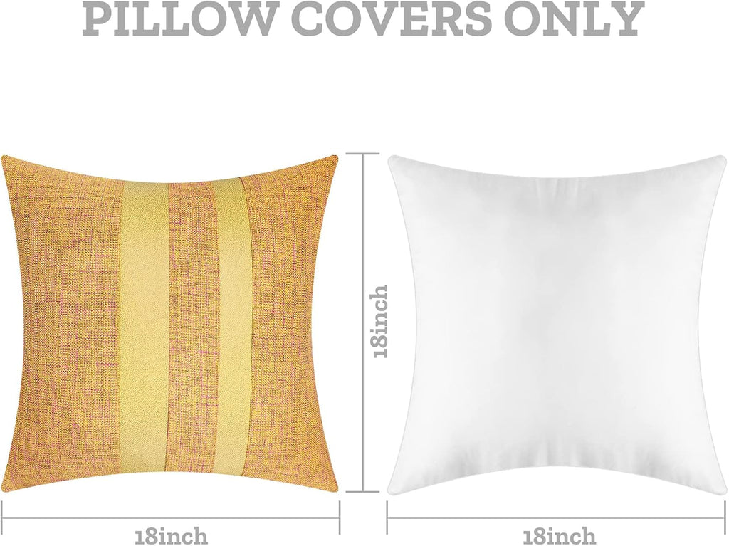 Pack of 2 Patchwork Orange Yellow Pillow Covers Linen Striped Pattern Farmhouse Cushion Covers Spooky Decorative Faux Leather Pillow Cases for Couch Sofa Bedroom Living Room 18x18 Inch