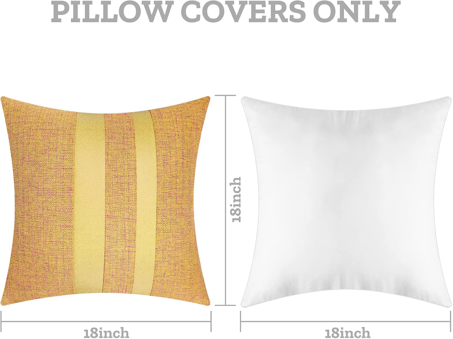 Pack of 2 Patchwork Orange Yellow Pillow Covers Linen Striped Pattern Farmhouse Cushion Covers Spooky Decorative Faux Leather Pillow Cases for Couch Sofa Bedroom Living Room 18x18 Inch