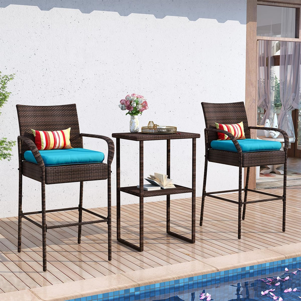Sundale Outdoor Wicker Bar Stool Set of 4, Patio Counter Height Pub Chair with Arms, High Top Rattan Barstool, Cushion Beige, All-Weather Outdoor Rattan Furniture (Brown&Blue, Small Seat - 4 Stools)