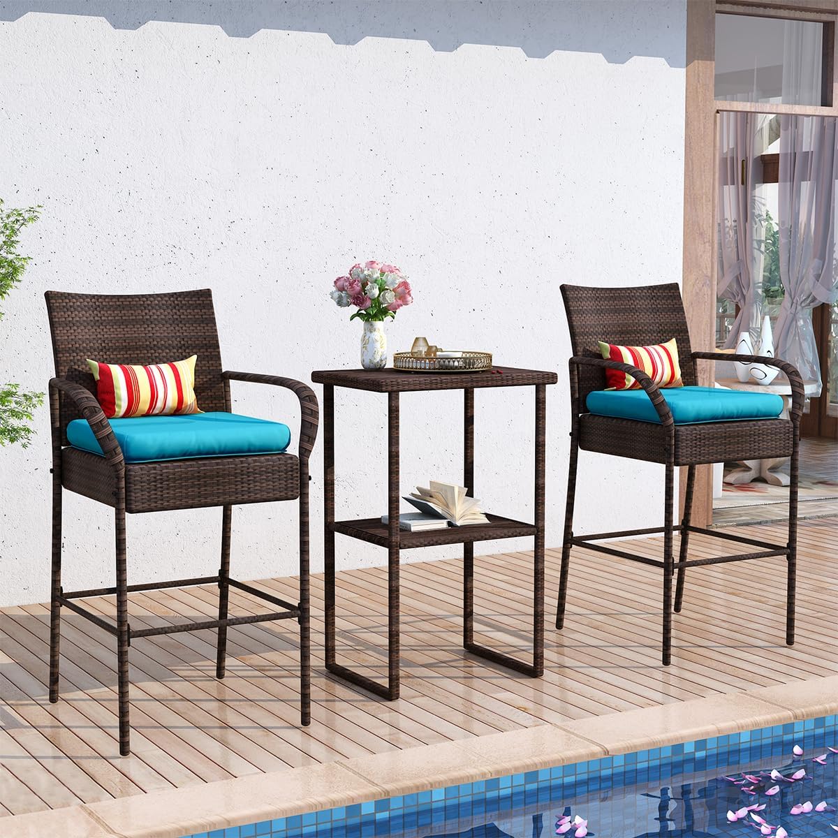 Sundale Outdoor Wicker Bar Stool Set of 6, Patio Counter Height Pub Chair with Arms, High Top Rattan Barstool, Cushion Beige, All-Weather Outdoor Rattan Furniture (Brown&Blue, Small Seat - 6 Stools)